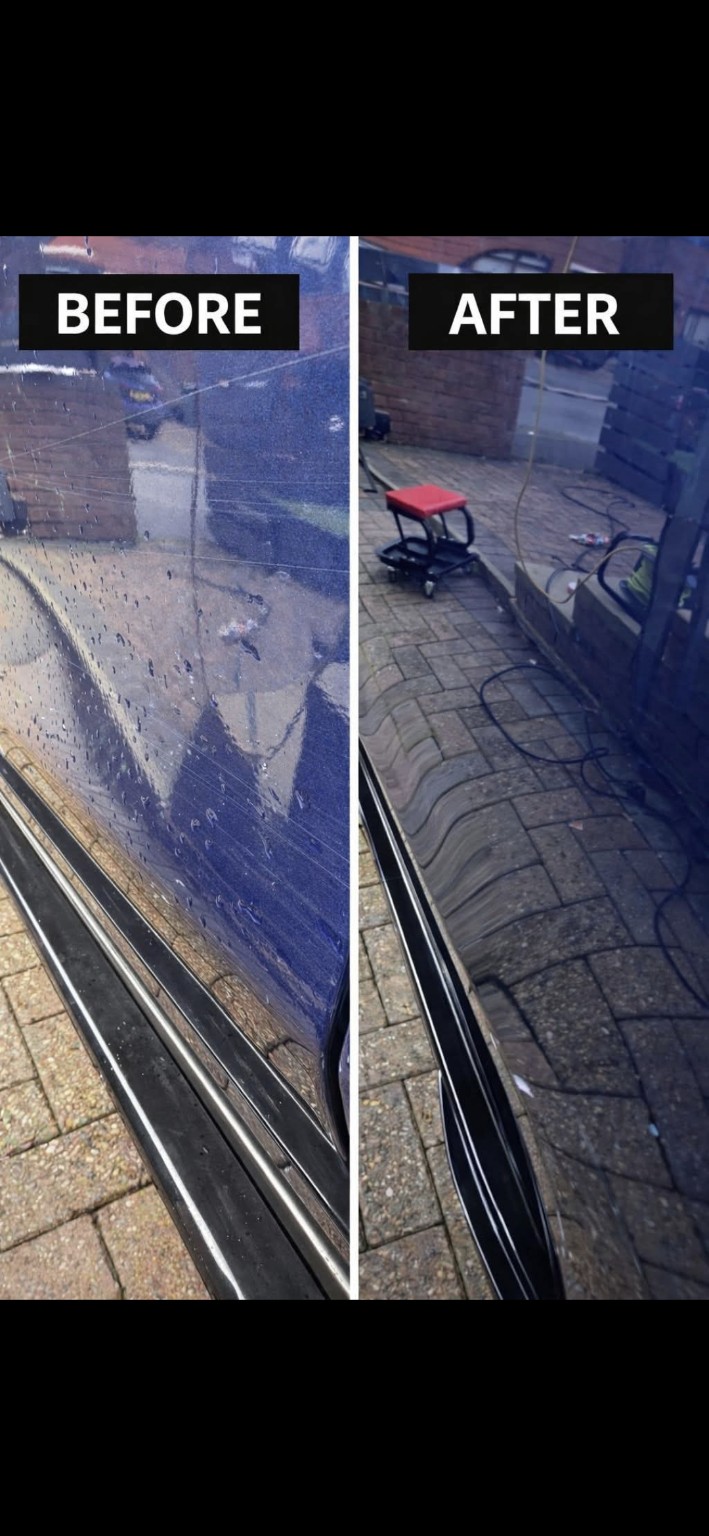 Before and after photos showing a scratched car door and its improved finish